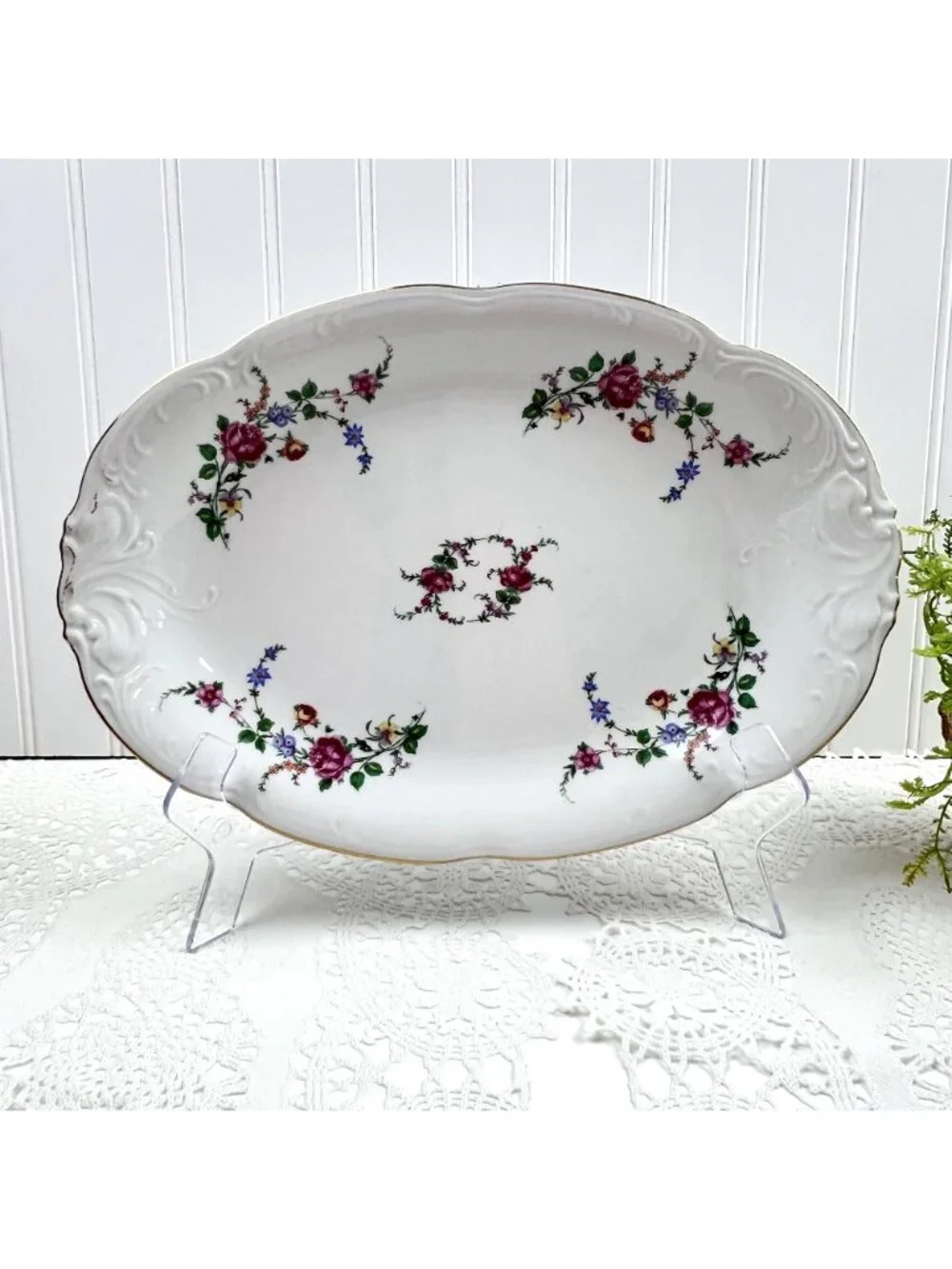Wawel Poland Serving Platter Embossed Scalloped White Pink Roses 13
